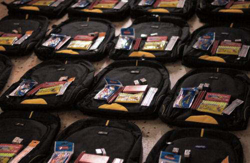 School bags lined up ready to be filled with resources