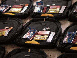 School bags lined up ready to be filled with resources